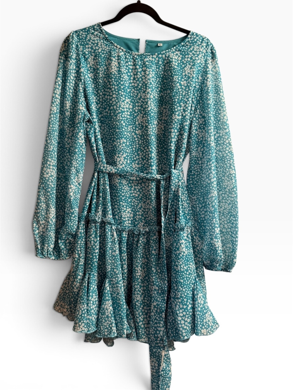 Teal Floral Long Sleeve Mini Dress with Waist Tie - Size Large